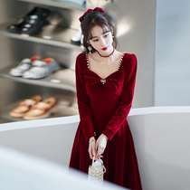 Wine Red Color Toast Bridal Summer 2022 New Fugitive Princess Temperament Engagement Gown Dress Female Velvet Long Sleeve