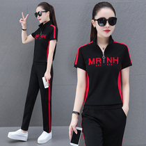 Large size summer new short sleeve leisure sports suit female slim two-piece stand collar trend color light and thin