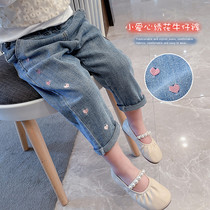 Girls' pants spring autumn 2022 children's pants autumn baby jeans sweaty girl children's embroidered trousers loose