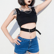European and American New hollow waist camisole vest womens short inner wear metal ring belt base shirt sexy thin tide