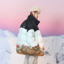 PCMY ancient building down clothes Chater hand painted wind graffiti jacket Coloured splicing loose casual male and female
