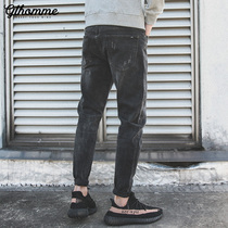 Autumn season black plus velvet jeans mens Korean version of the trend slim-fitting small feet pants thick tooling trousers loose tide brand