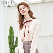 Tricolor 2021 autumn new fungus-edged long-sleeved shirt collar bow tie solid color shirt top female