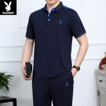 Flowers Playboy Summer Mens Clothing Middle Aged Dad Sports Suit Loose Big Code Pure Cotton Short Sleeve Long Pants Casual Suit