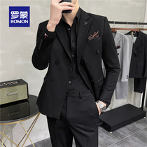 Romon groom wedding striped dark check suit set mens double-breasted slim fit business casual professional suit suit