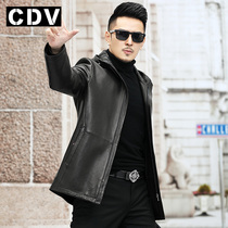 2021 Haining leather leather clothing mens sheep deerskin pattern hooded leather jacket medium and long mens casual windbreaker thin section