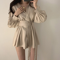 weekeep Korean chic breasted cardigan skirt womens corset waist straps slim fairy long sleeve lined skirt