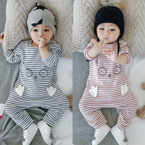 Super cute male baby baby one-piece clothes spring and autumn clothes out of foreign stripes thin cotton long-sleeved clothes