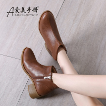 Autumn and winter short boots womens single boots in the heel plus velvet retro Martin boots female British style leather boots thick heel size womens boots