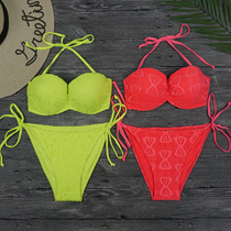 Knitted lace lace-up fluorescent photo model sexy triangle steel bracket Sexy gathered split bikini swimsuit
