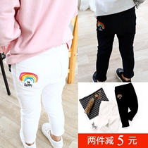 Childrens Korean version Spring-autumn thin section Imitation Denim White 90% pants male and female baby Rainbow embroidered child clothing casual pants