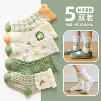 Girl Socks Pure Cotton Children Spring Autumn Slim Princess Flowers Side Socks Spring Summer Girls Midbarrel Socks Baby Big Kids