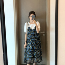 Pregnant Woman Summer Dress New Crushed Flowers Snowspun Long Dress Temperament Big Code Loose for Lean Summer Vacation Two Pregnant Women Dress Dress