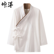 Hand-over Hanfu mens spring jacket Cotton mid-length shirt mens long-sleeved shirt bottoming new contrast oblique lapel mens Hanfu