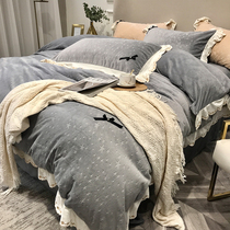 Princess wind coral fleece sheets set winter double-sided plus velvet padded milk velvet star quilt cover bedding