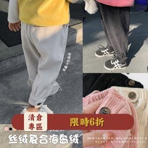 L mom girls plus velvet casual pants winter new female baby thickened trousers striped western style wild childrens pants