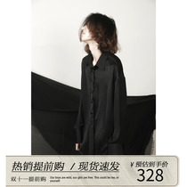 VAPOURBLUE black satin shirt autumn mens and womens high-end design niche silky drape long-sleeved top