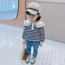 Girls  autumn Tops 2021 new childrens striped sweater baby doll collar fashionable girls spring and autumn trends