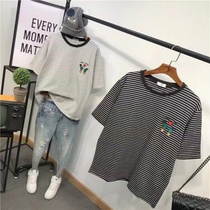 Korean version of the new embroidered loose short-sleeved T-shirt womens crew neck stripes bf wind student base shirt spring and summer top women