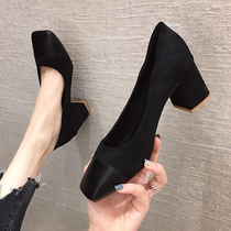 Thick heel shoes womens 2022 spring and autumn new all-match black high-heeled shoes professional middle-heeled square-toed grandma shoes
