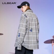 LILBEAR Bear long-sleeved shirt mens retro plaid colorful reflective inch shirt loose Port wind versatile top