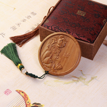 Natural green sandalwood carved lotus flower portable small round mirror makeup mirror Chinese retro style portable