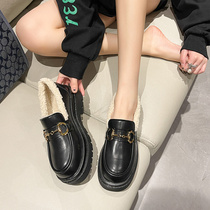 Inlen Wind Small Leather Shoes Women Autumn Winter 2021 Years Retro Plus Suede Thermal Music Foe Shoes 100 Hitch Slip A Foot foot Foot Girl Shoes