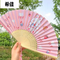 Cute cartoon folding fan ancient style fabric folding fringed small fan summer carry-on hand with anime shake fan Hanfu