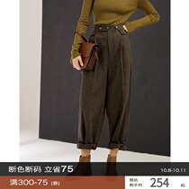 Rui Shiwen retro style two-color wool tweed high waistline casual straight trousers Q