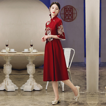 Chinese toast 2021 New pregnant woman bride size high waist thin wine red engagement fat mm dress summer