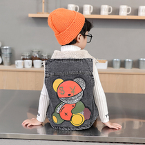 Childrens autumn and winter boys 2021 new denim vest plus velvet padded jacket foreign vest horse clip Korean tide