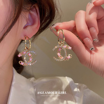 Real gold plated silver needle micro-inlaid geometric letter earrings pink girls heart ear ring High feeling light and luxurious ear decoration