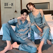 IF-KANN spring and autumn Korean edition silk mens home clothes casual simple ice silk couple pajamas three-piece womens thin
