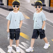 Boys striped suit summer 2020 new Korean version of loose cotton short sleeve two-piece medium big child foreign fashion tide