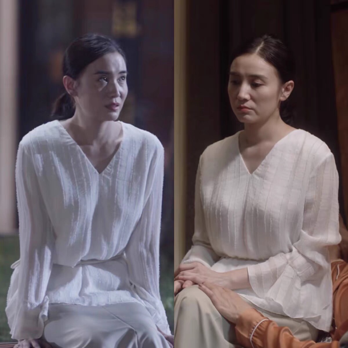 小舍得南俪宋佳同款衣服韩版v领白色收腰喇叭袖雪纺连衣裙长裙子