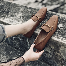 Tide Cards Genuine Leather Single Shoes Women 2022 Spring New 100 Hitch Flat Bottom Soft Bottom Retro Big Code Square Head Bean Bean Small Leather Shoes