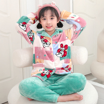 Childrens flannel pajamas girls winter homewear girls medium and small children baby plus velvet thick coral fleece suit