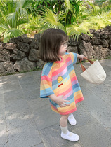 British next sara girl spring dress T-shirt 2023 summer Korean version of children's air rainbow bar baby dress