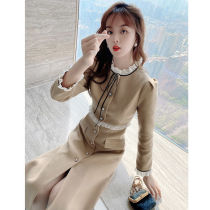 Wooden ear stitching woolen dress 2021 new autumn and winter womens high-end temperament slim waist mid-length