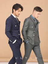 Zhongfan striped double-breasted suit suit male British youth Korean version of handsome business slim formal casual suit