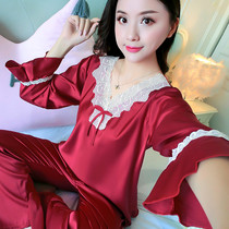 Sleepwear ladies Long sleeves fall Ice Silk Korean version Two sets of autumn seduces sexy Spring and autumn summer with summer and thin autumn