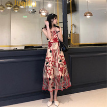 Fa-style retro-web yarn Cubic embroidered flowers Crushed Flowers Harness with dress Skirt Woman Summer Vacation Super Fairy Lace Long Dress