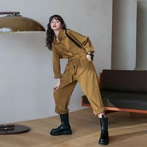 Tide brand Ocnltiy tooling jumpsuit female spring fashion corduroy high waist tie straight trousers jumpsuit