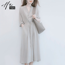 Cotton linen dress 2021 New Korean long sleeve V collar waist slim light mature wind shirt skirt children summer tide