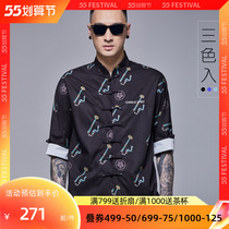 Semi-idle set short sleeves Down with male Chinese wind original black Ruyi printed summer new tide retro disc buckle blouses