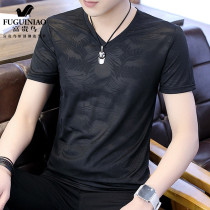 Rich bird spring and summer new ice silk short-sleeved t-shirt v-neck tide brand mulberry silk mens slim-fit top Korean handsome