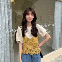 Harajuku Wind ins2020 Summer New Korean Crochet Hollow Vest Collision Bubble Sleeve Chiffon Top T-shirt