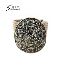 Shamini Bohemian Style Vintage Personality Bracelet Gold Round Piece Carved Made Old Flower Wide Bracelet for Women