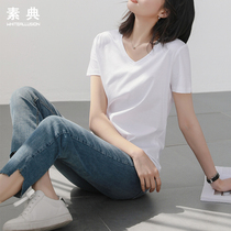2021 summer new Korean version of the base solid color mercerized cotton top women V-neck loose simple white short-sleeved T-shirt women