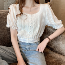 2020 Summer new Korean version of Joker square collar lantern sleeve small man short shirt sweater summer